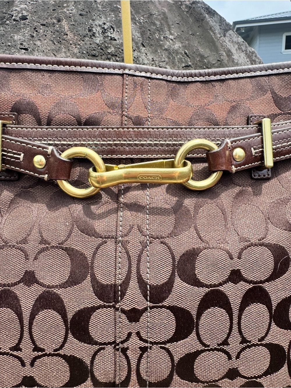 Coach Signature Buckle Hobo Shoulder Bag Brown Jacquard Pink Lining 2008 - Picture 6 of 16
